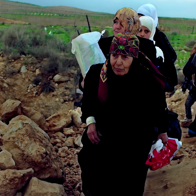 A group of women carrying bags on their backs
Description automatically generated